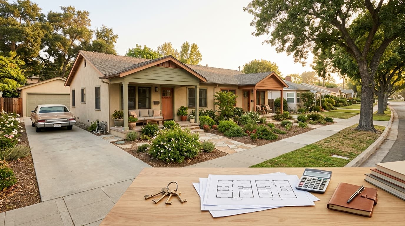 Front exterior of a residential duplex on a quiet La Habra, California street